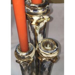 Handmade Pottery Candle Stick Holder 3 Glazed In Brown Blue White